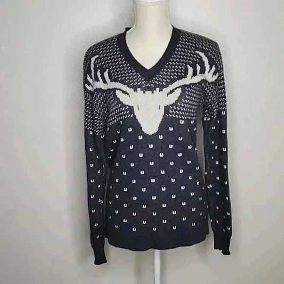 J. Crew Intarsia Reindeer Wool V-neck Sweater size M - Picture 6 of 12